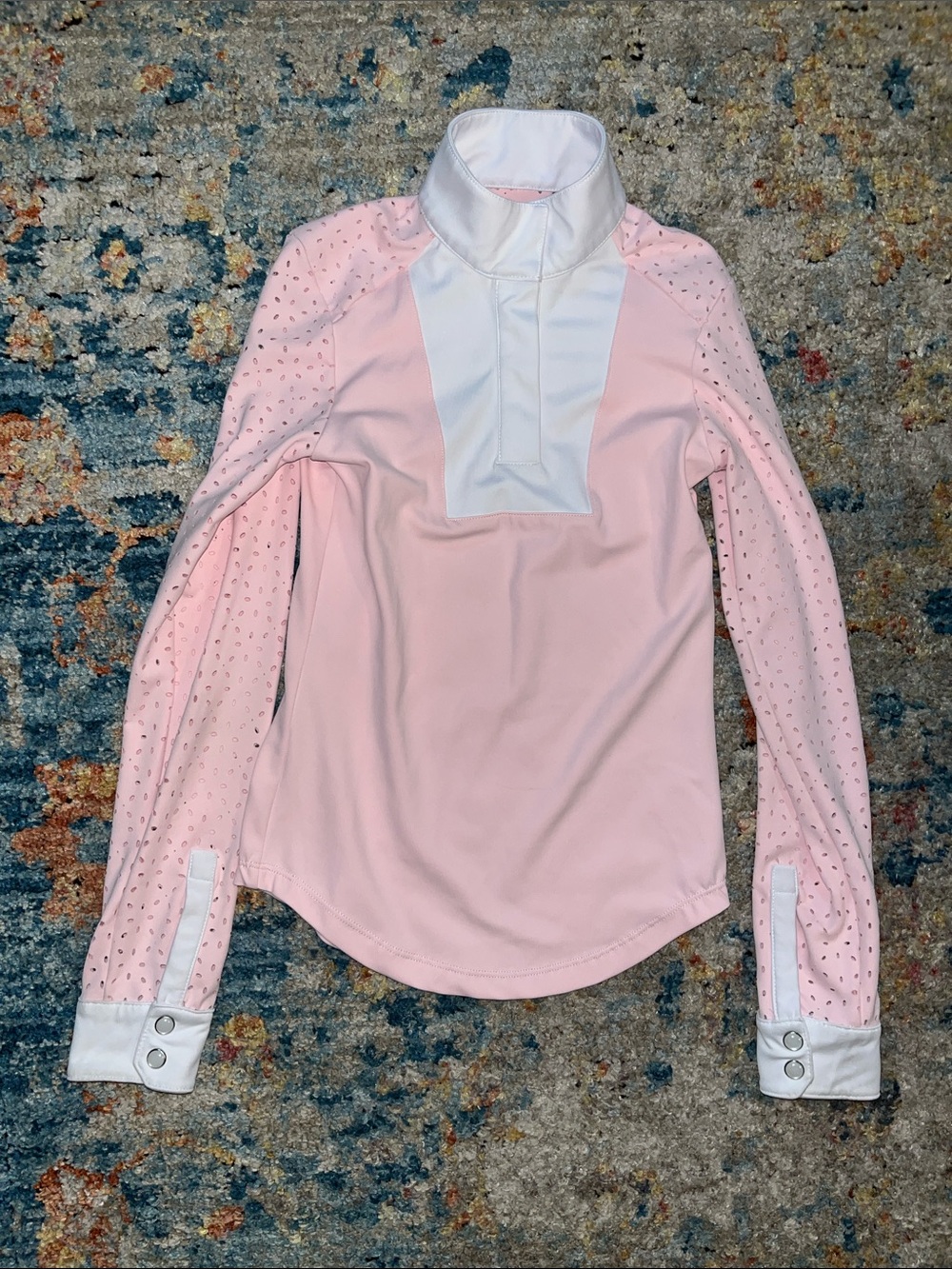 Girls' Pink Long-Sleeve Equestrian Show Shirt with White Placket